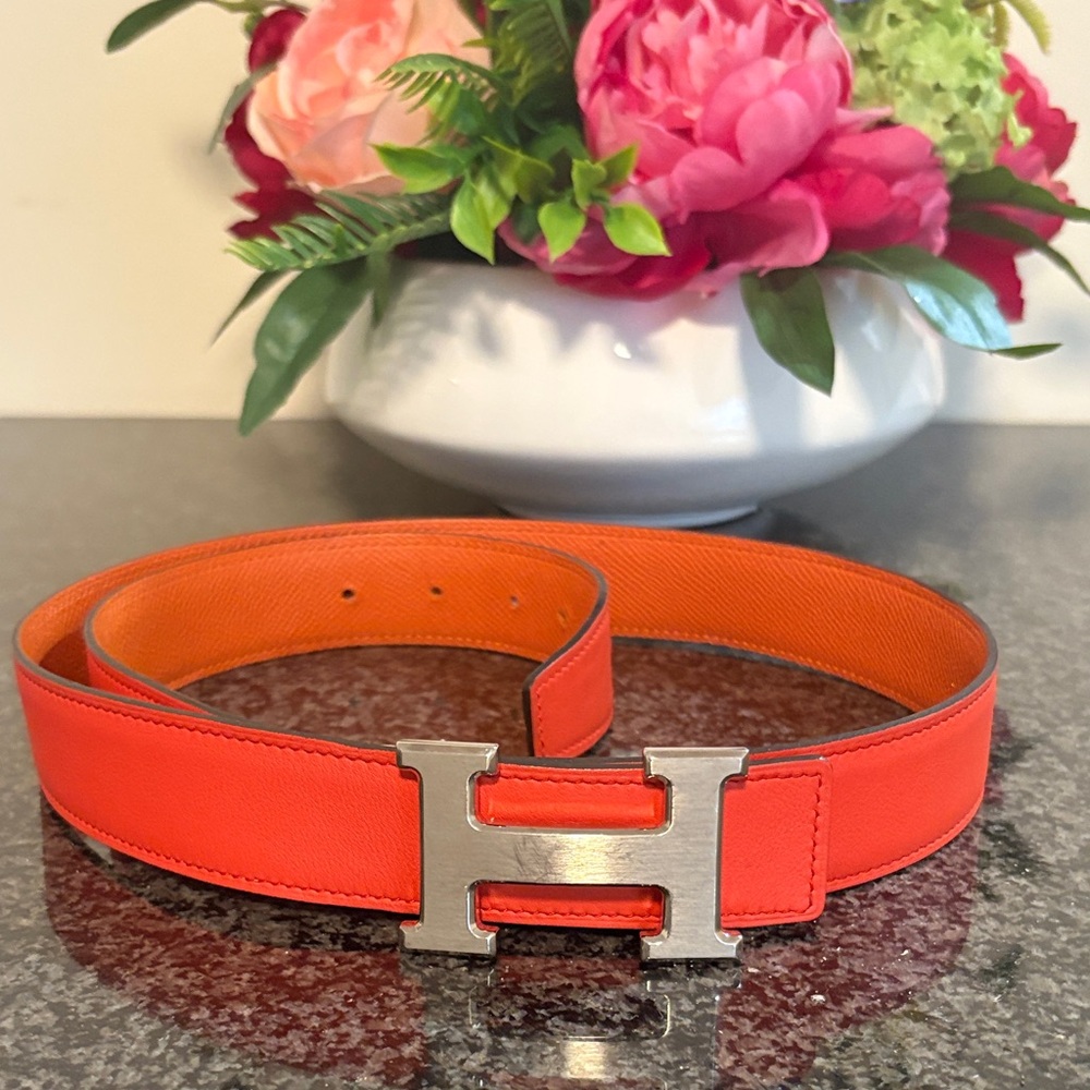 Hermes Orange Belt with Silver H Buckle